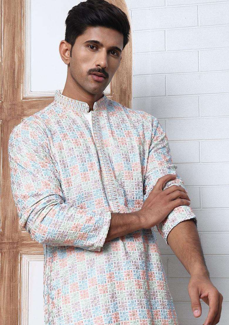 Multi Embroidered Viscose Kurta Set For Men - Indya