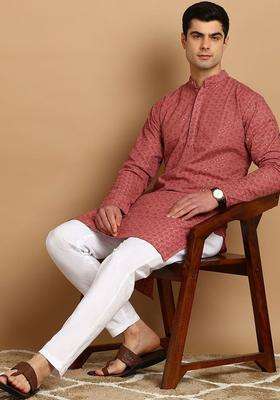 Red Embroidered Cotton Kurta Set For Men