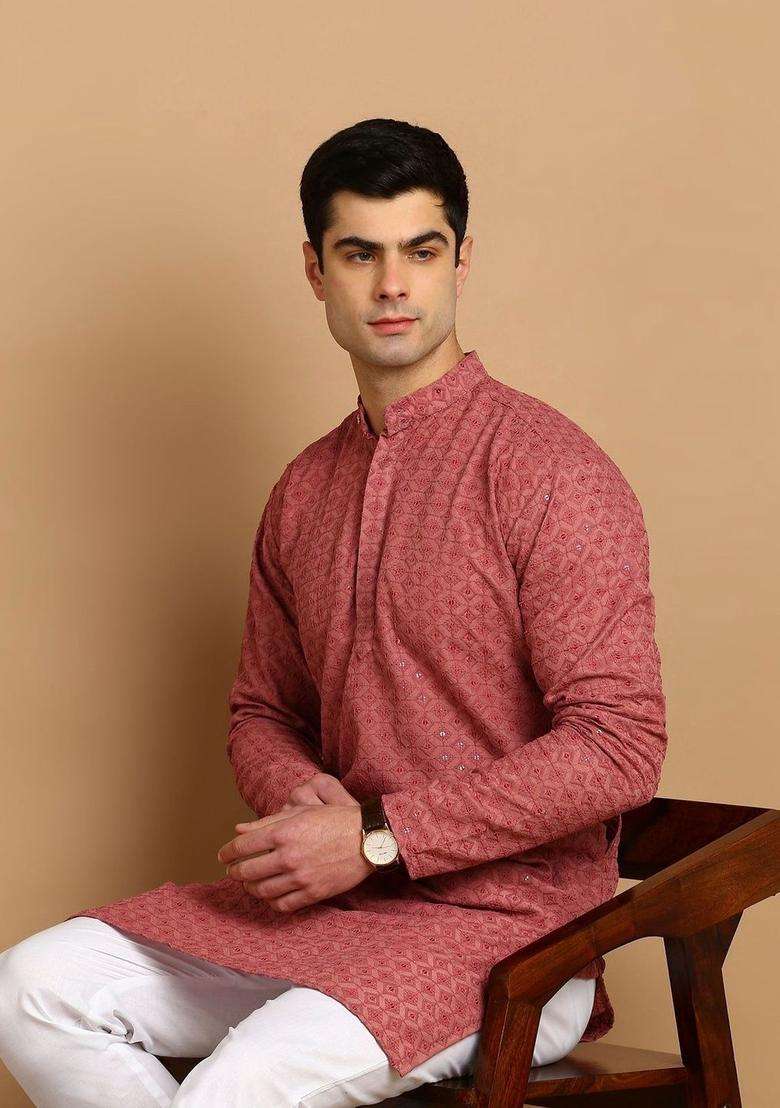 Red Embroidered Cotton Kurta Set For Men - Indya