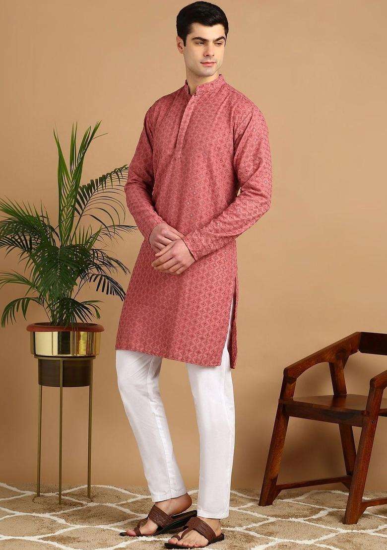 Red Embroidered Cotton Kurta Set For Men - Indya