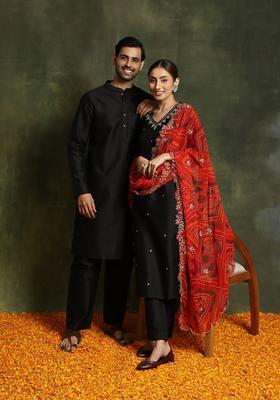 Black Woven Design Silk Kurta Set For Men