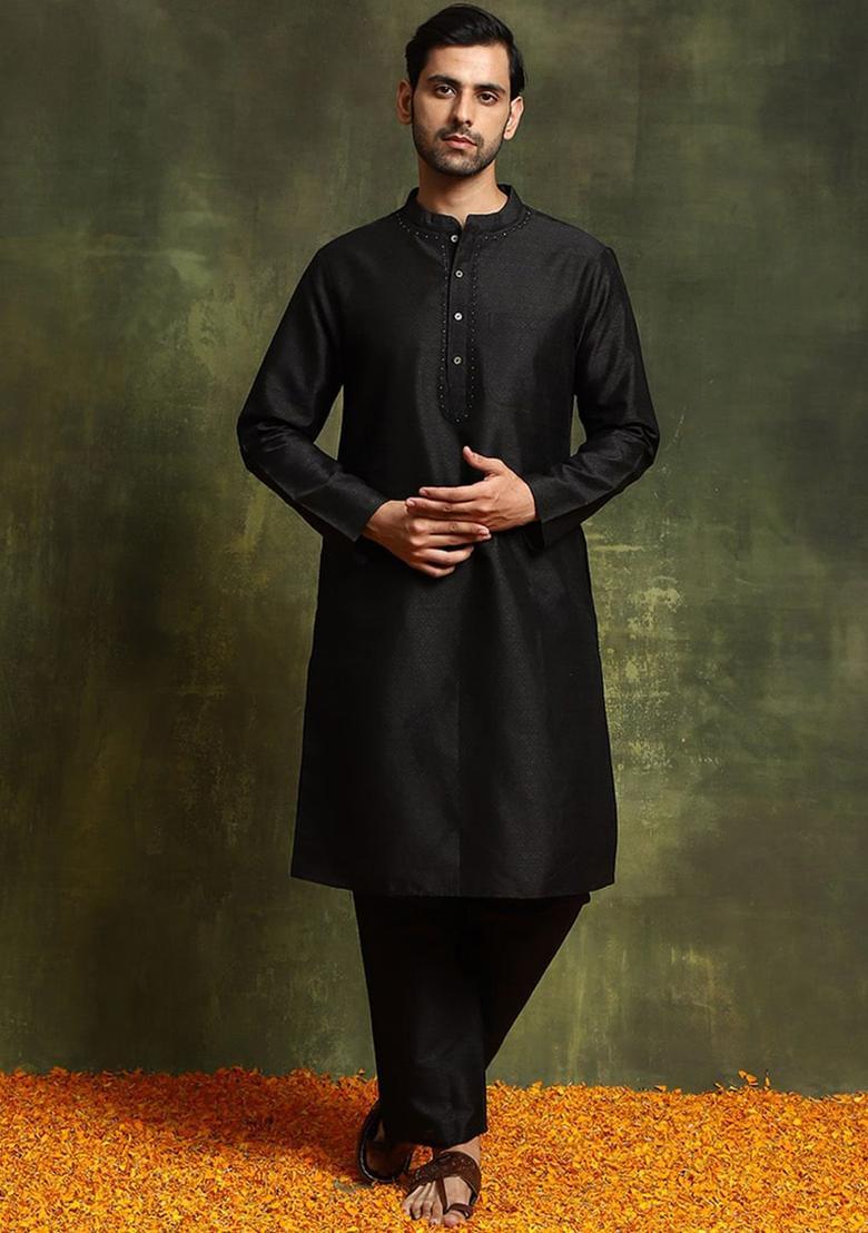 Black Woven Design Silk Kurta Set For Men - Indya