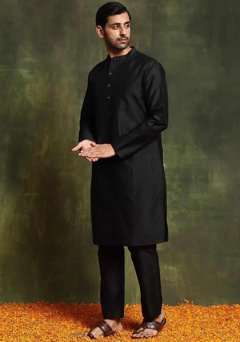 Black Woven Design Silk Kurta Set For Men - Indya