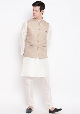 Off White Self Design Silk Kurta Set For Men