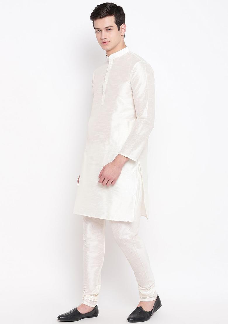 Off White Self Design Silk Kurta Set For Men - Indya