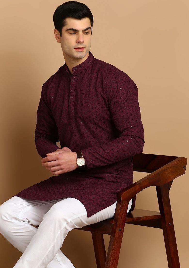 Maroon Embroidered Cotton Kurta Set For Men - Indya
