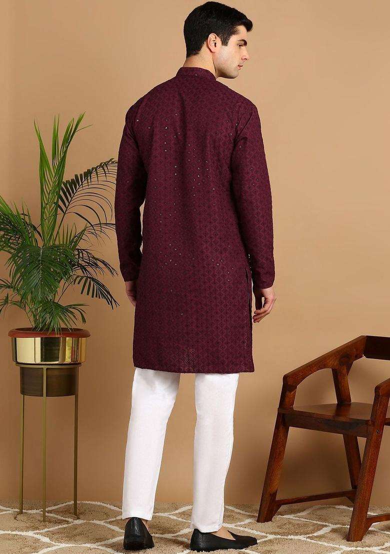 Maroon Embroidered Cotton Kurta Set For Men - Indya