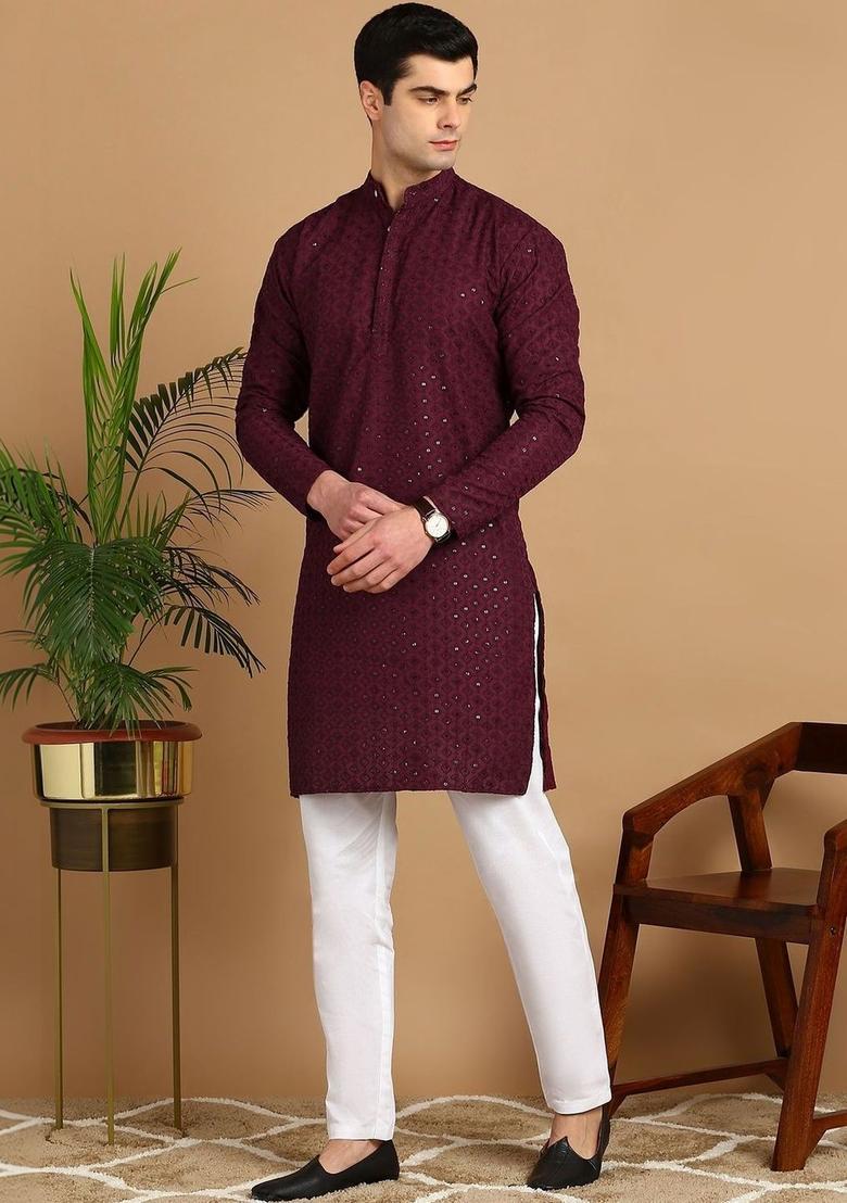 Maroon Embroidered Cotton Kurta Set For Men - Indya