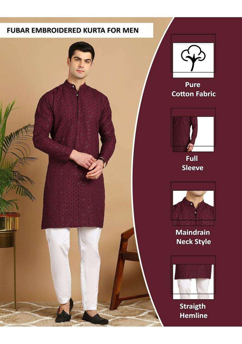 Maroon Embroidered Cotton Kurta Set For Men - Indya