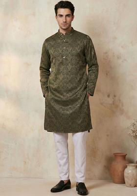 Olive Woven Design Silk Kurta Set For Men