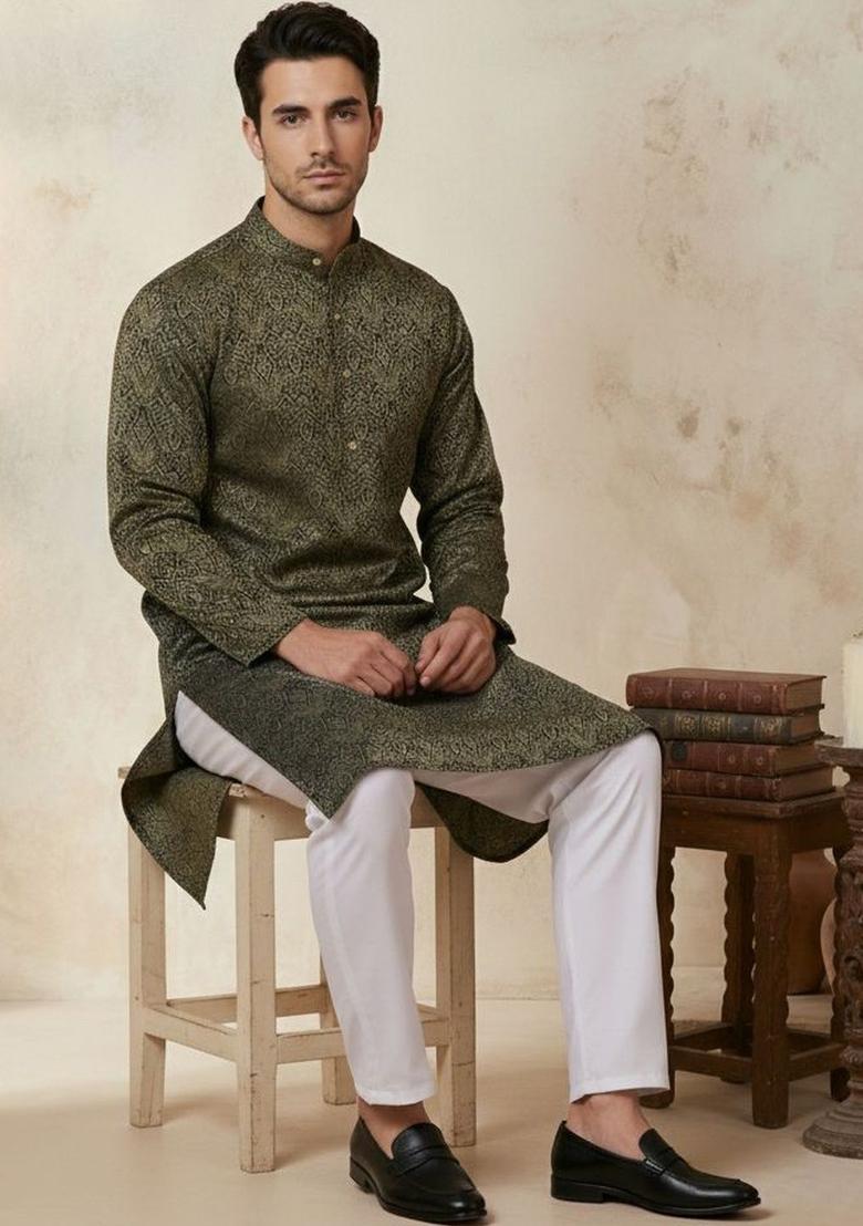 Olive Woven Design Silk Kurta Set For Men - Indya