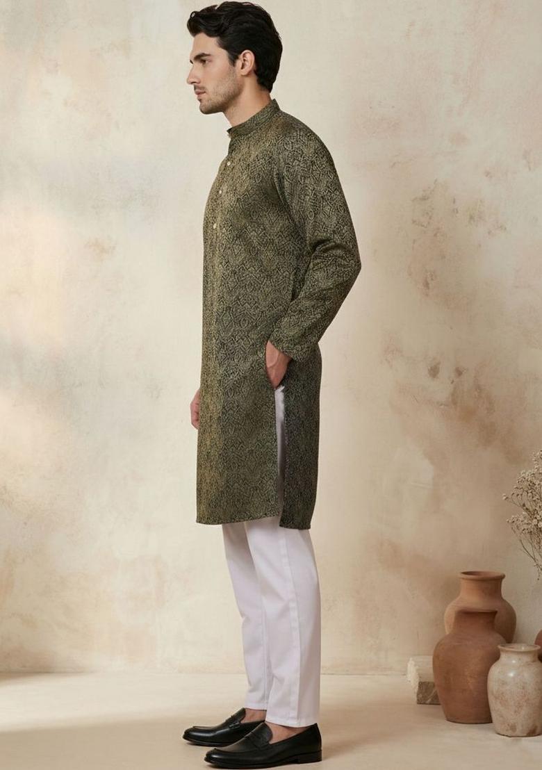 Olive Woven Design Silk Kurta Set For Men - Indya