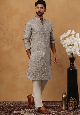 Grey Embroidered Silk Kurta Set For Men