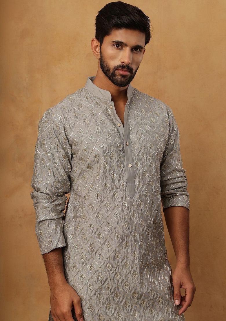 Grey Embroidered Silk Kurta Set For Men - Indya
