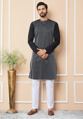 Black Woven Design Cotton Kurta Set For Men