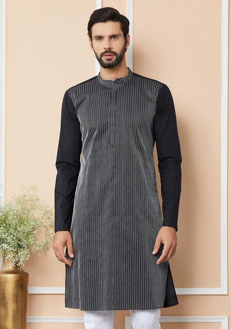 Black Woven Design Cotton Kurta Set For Men - Indya