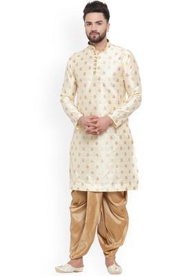 Beige Woven Design Silk Blend Kurta Set For Men