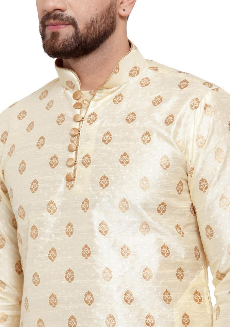 Beige Woven Design Silk Kurta Set For Men - Indya