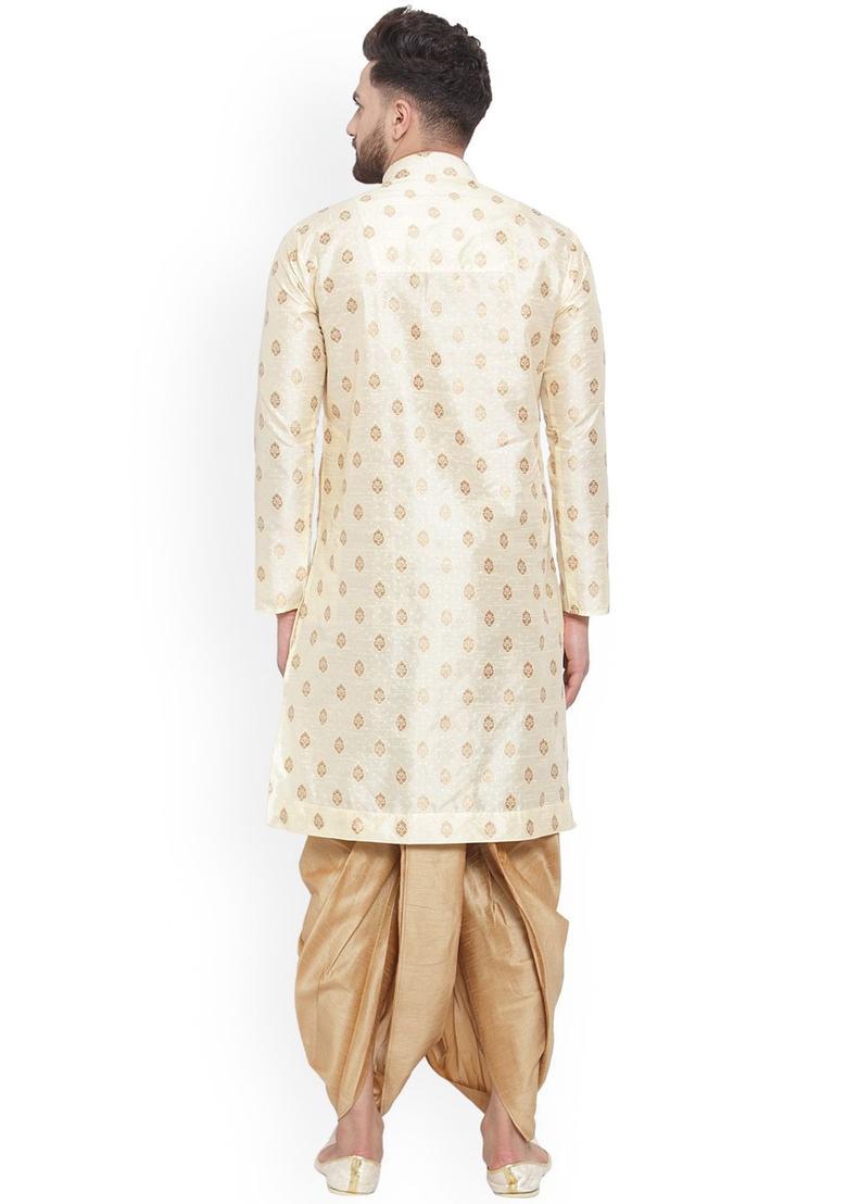 Beige Woven Design Silk Kurta Set For Men - Indya