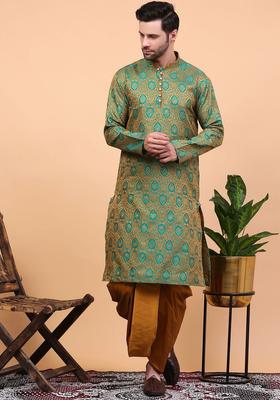 Green Woven Design Cotton Kurta Set For Men