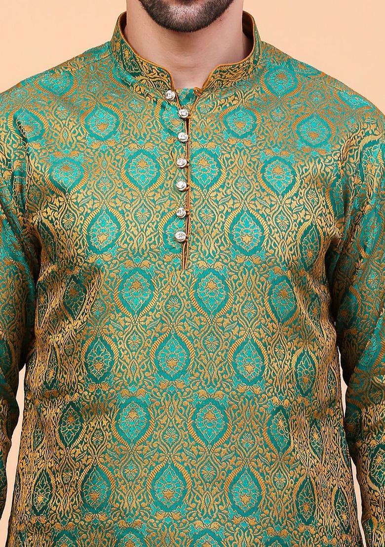Green Woven Design Cotton Kurta Set For Men - Indya