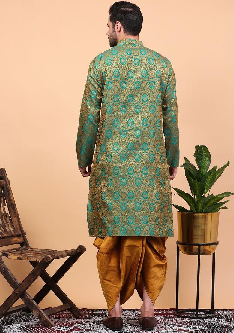 Green Woven Design Cotton Kurta Set For Men - Indya