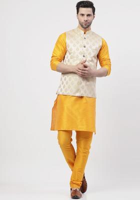 Yellow Woven Design Silk Kurta Set For Men
