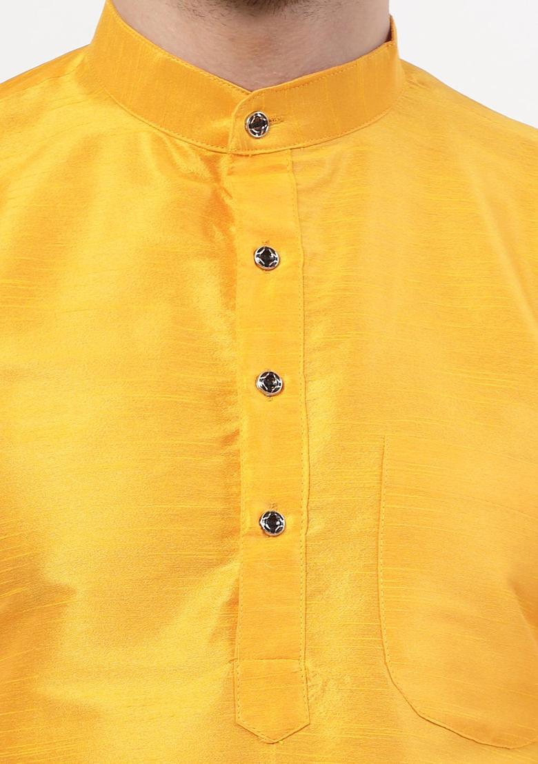 Yellow Woven Design Silk Kurta Set For Men - Indya