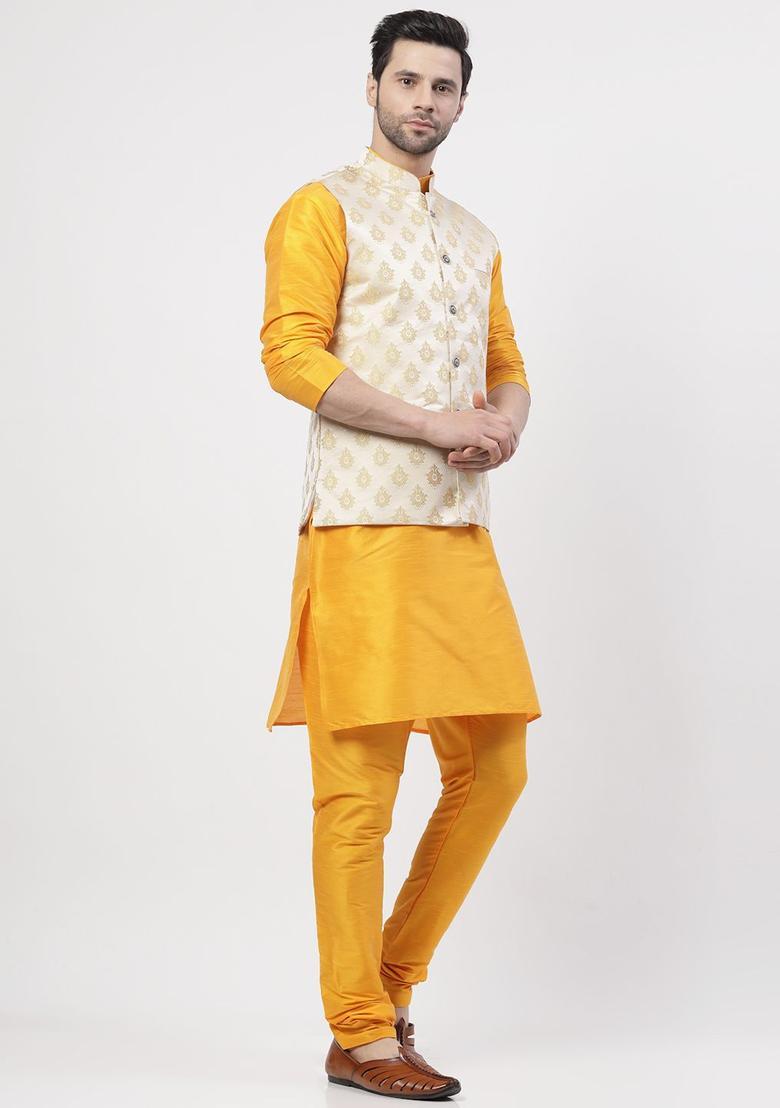 Yellow Woven Design Silk Kurta Set For Men - Indya