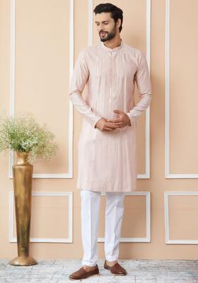 Pink Embroidered Cotton Kurta Set For Men