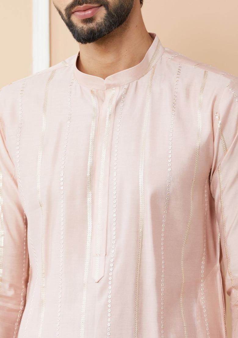 Pink Embroidered Cotton Kurta Set For Men - Indya