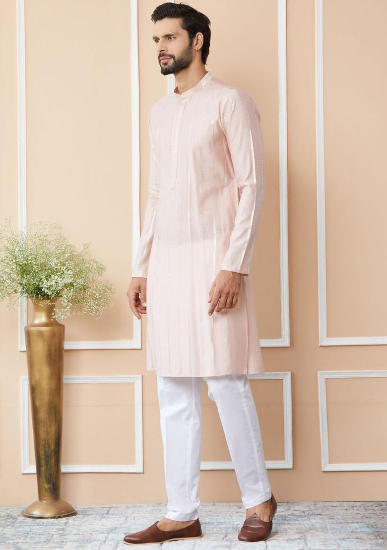 Pink Embroidered Cotton Kurta Set For Men - Indya
