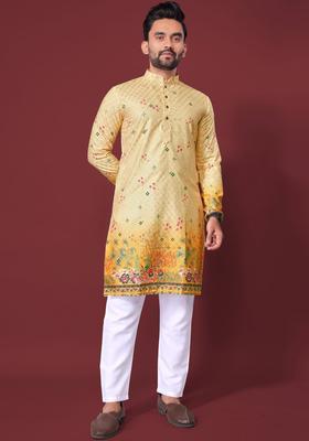 Yellow Printed Viscose Kurta Set For Men