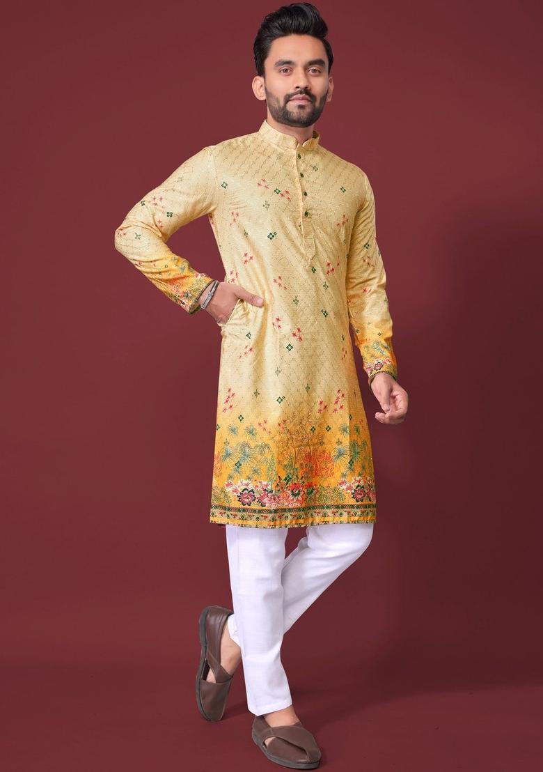 Yellow Printed Viscose Kurta Set For Men - Indya