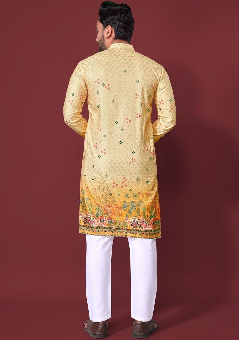 Yellow Printed Viscose Kurta Set For Men - Indya