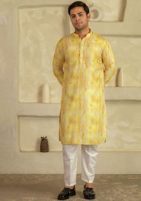 Yellow Printed Viscose Kurta Set For Men