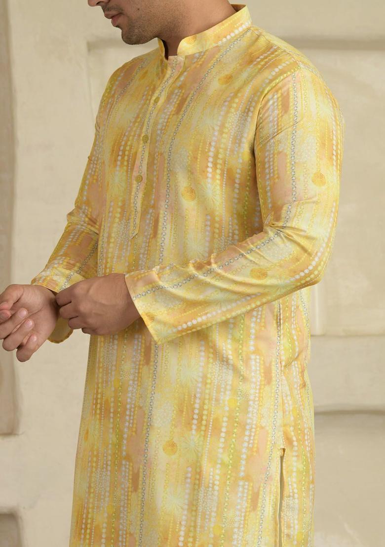 Yellow Printed Viscose Kurta Set For Men - Indya