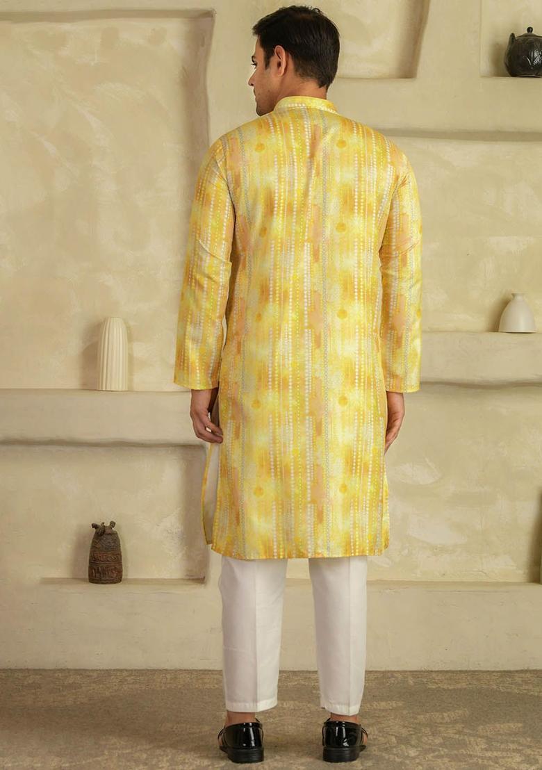Yellow Printed Viscose Kurta Set For Men - Indya