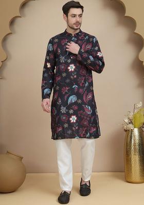 Black Printed Cotton Kurta Set For Men
