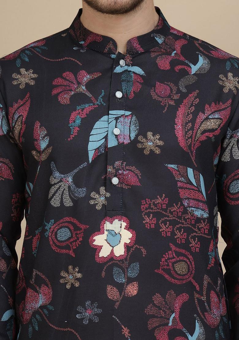 Black Printed Cotton Kurta Set For Men - Indya