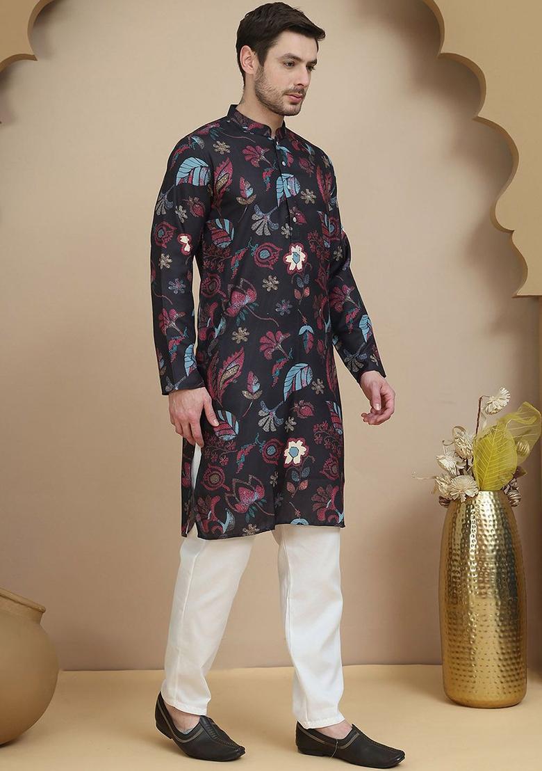 Black Printed Cotton Kurta Set For Men - Indya