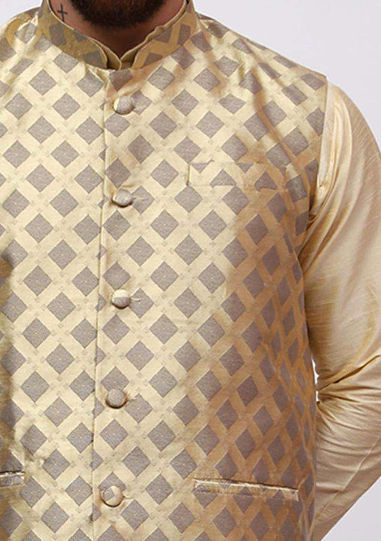 Gold Solid Silk Kurta Set For Men - Indya