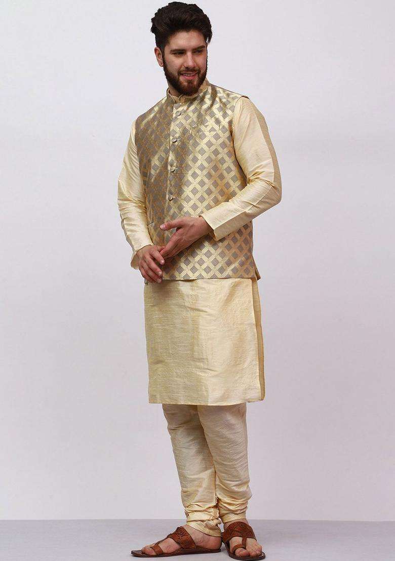 Gold Solid Silk Kurta Set For Men - Indya