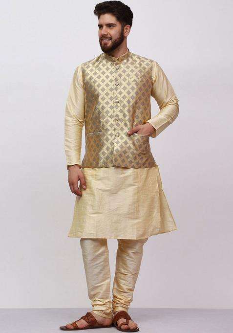Gold Solid Silk Blend Kurta Set For Men