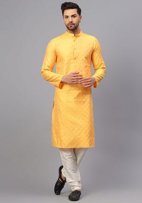 Yellow Woven Design Silk Kurta Set For Men