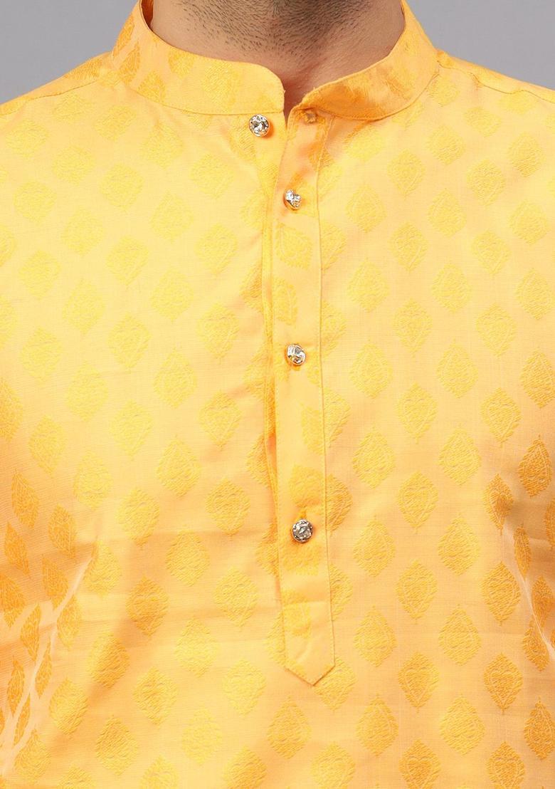 Yellow Woven Design Silk Kurta Set For Men - Indya