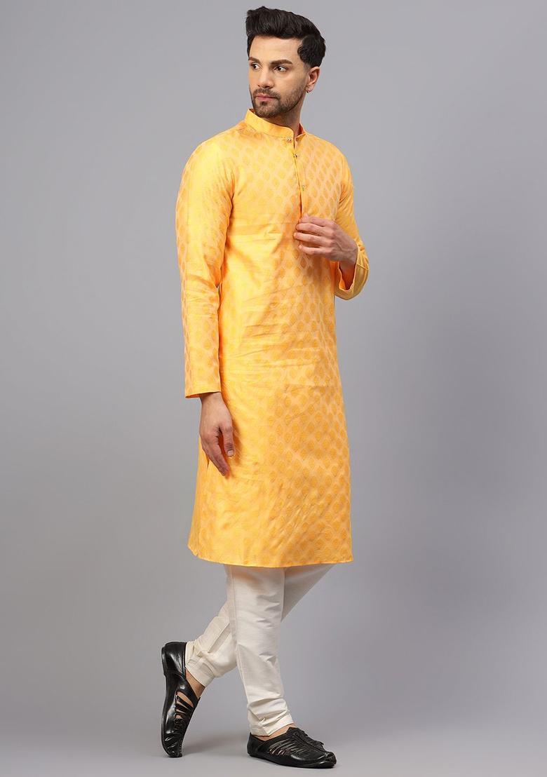 Yellow Woven Design Silk Kurta Set For Men - Indya