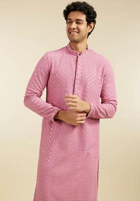 Pink Woven Design Viscose Kurta Set For Men