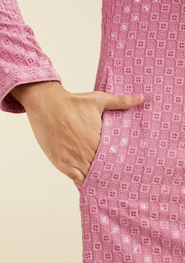 Pink Woven Design Viscose Kurta Set For Men - Indya