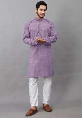 Lavender Embroidered Cotton Kurta Set For Men